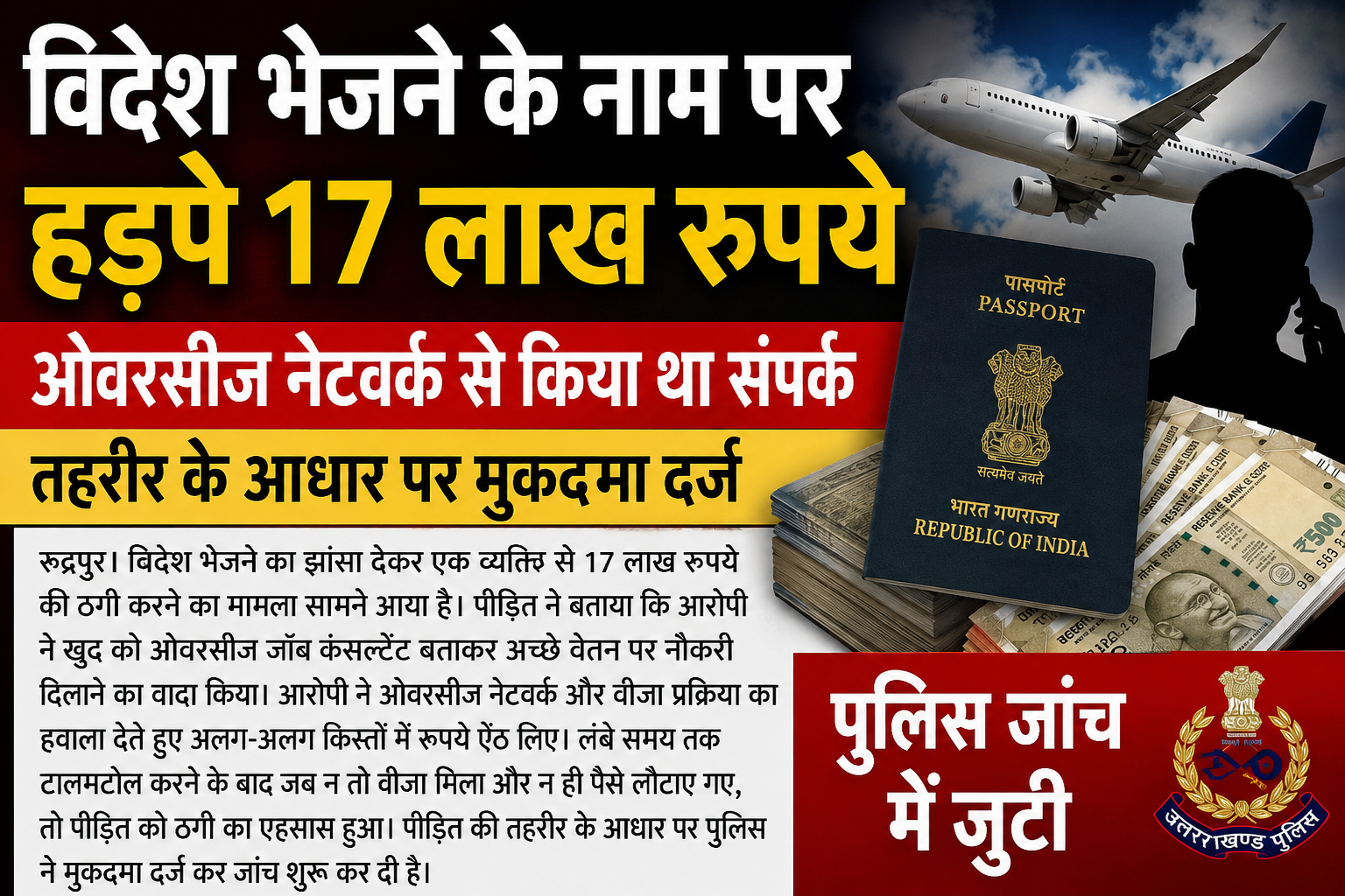 विदेश भेजने के नाम पर हड़पे 17 लाख रुपये  ओवरसीज नेटवर्क से किया था संपर्क  तहरीर के आधार पर मुकदमा दर्ज