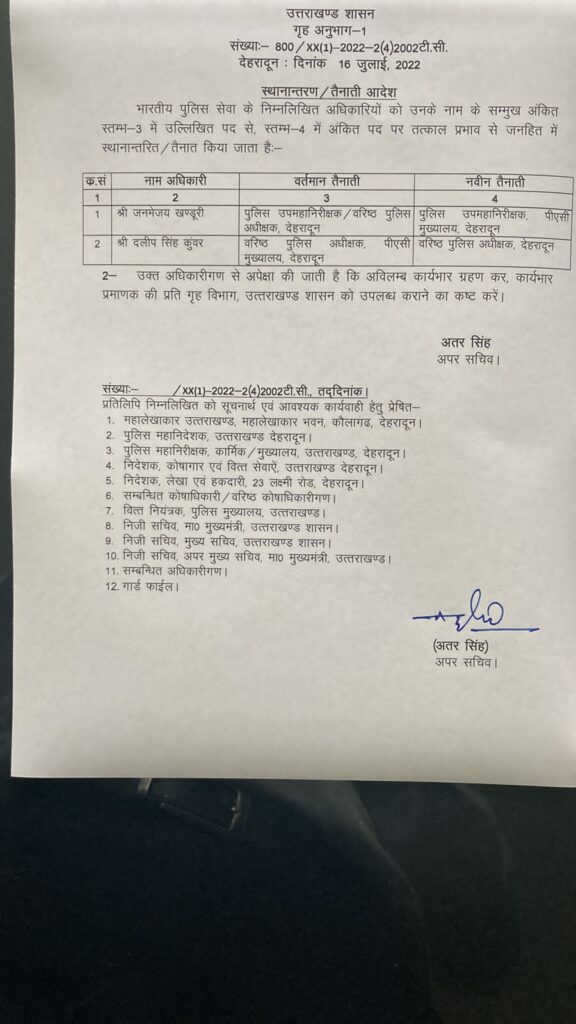 देहरादून एसपी व डीएम के हुए तबादले