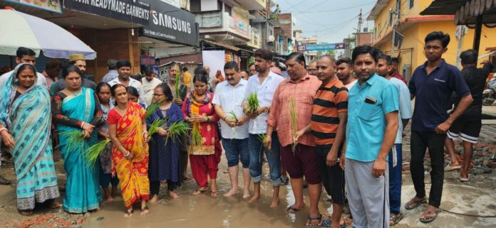 ट्रांजिट कैम्प की टूटी सड़क पर कांग्रेसियों ने लगाई धान की पौध